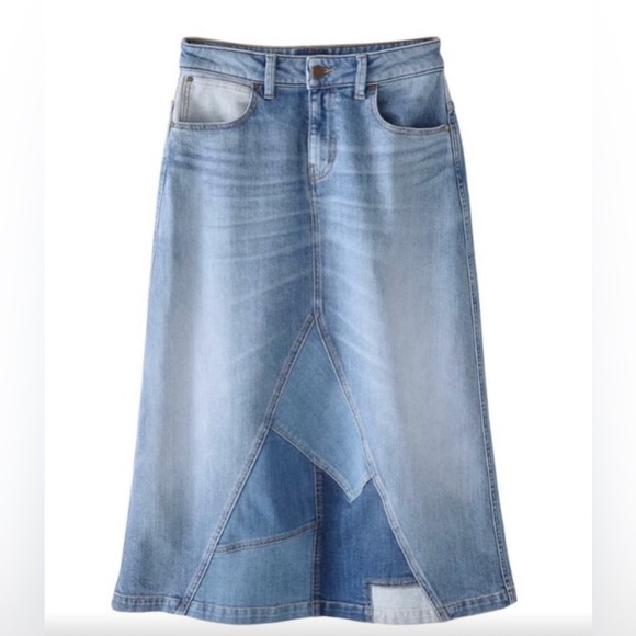 WRAP LONDON BLUE DENIM PATCHWORK A-LINE MIDI SKIRT SZ. 18 - Picture 1 of 11